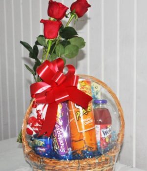 Gift Basket accompanied by 3 lovely rose buds