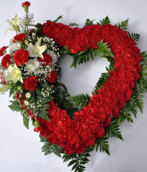 Red Heart Wreath with Roses in the Floral Spray