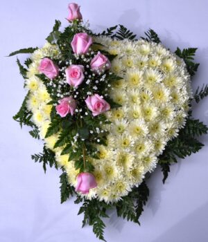 White Solid Heart Wreath with Pink Rose Spray