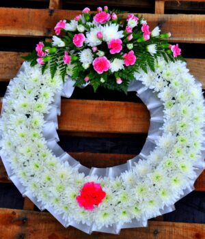 White Round Wreath with Floral Tie