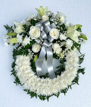 All white lily and rose floral wreath